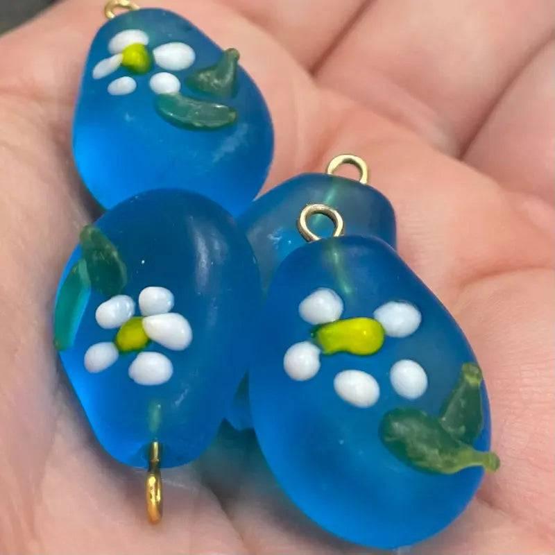 4 Vintage Blue Aqua Floral Glass Pendants - Sea Beads