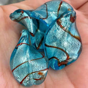 4 Vintage Blue Aqua Metallic Foil Wavy Oval Glass Beads - Sea Beads