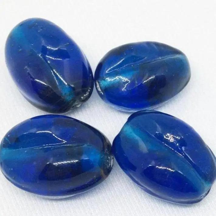 4 Vintage Blue Capri Large Oval Glass Beads - Sea Beads