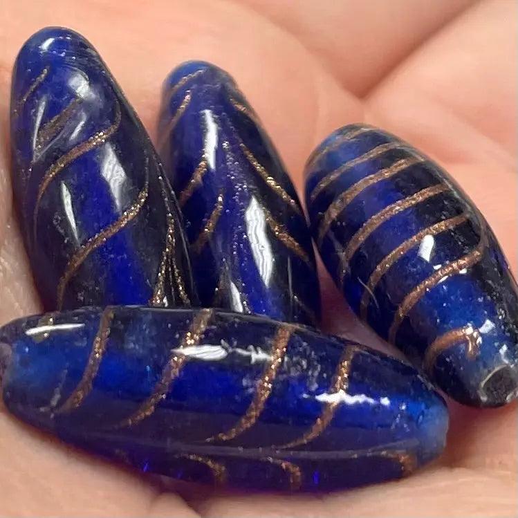 4 Vintage Blue Cobalt Gold Spiral Oval Glass Beads - Sea Beads
