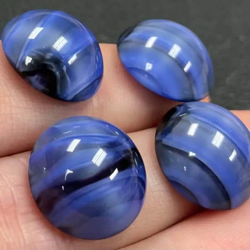 4 Vintage Blue Czech Striped Round Glass Cabochons - Sea Beads