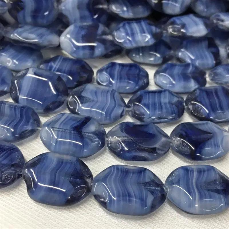 4 Vintage Blue Dark German Striped Glass Beads - Sea Beads