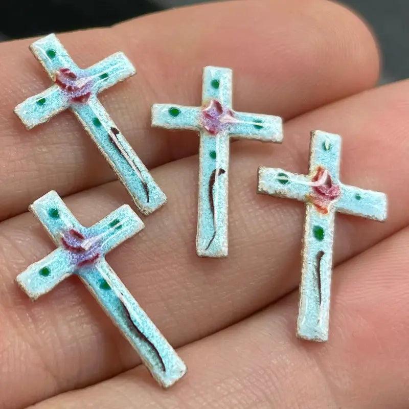4 Vintage Blue Enameled Tiny Crosses - Sea Beads