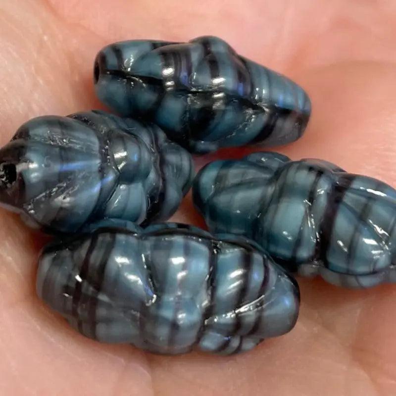 4 Vintage Blue German Striped Floral Oval Glass Beads - Sea Beads