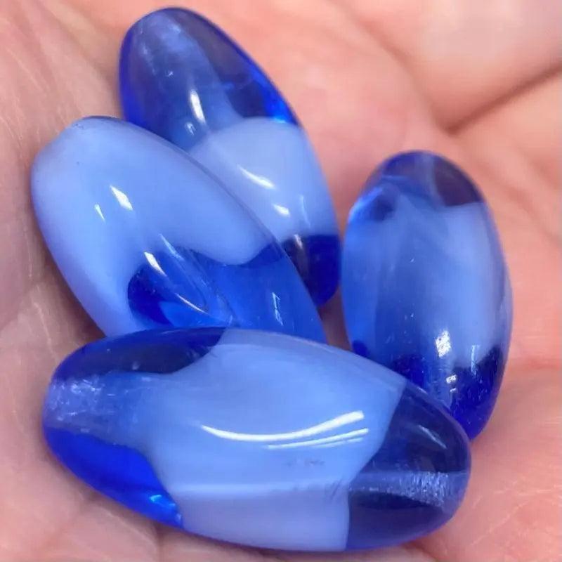 4 Vintage Blue Givre German Large Oval Glass Beads - Sea Beads