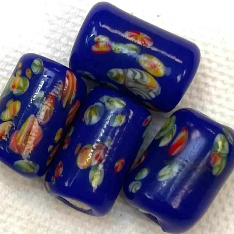 4 Vintage Blue Japan Millefiori Tube Glass Beads - Sea Beads