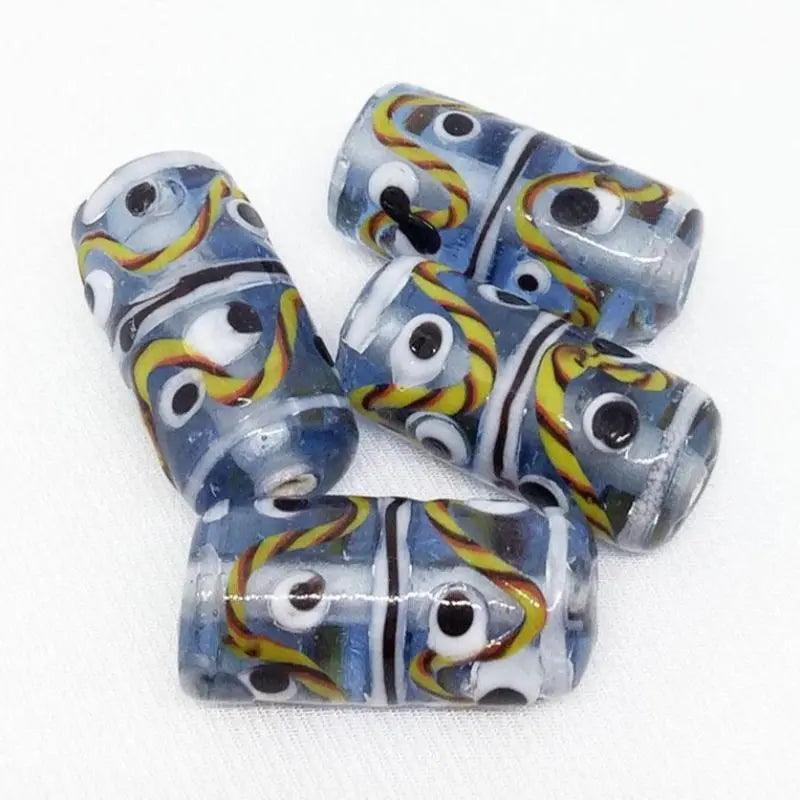 4 Vintage Blue Sapphire Abstract Cylindrical Glass Beads - Sea Beads