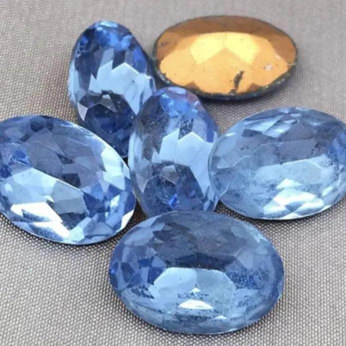 4 Vintage Blue Sapphire German Faceted Oval Glass Stones - Sea Beads