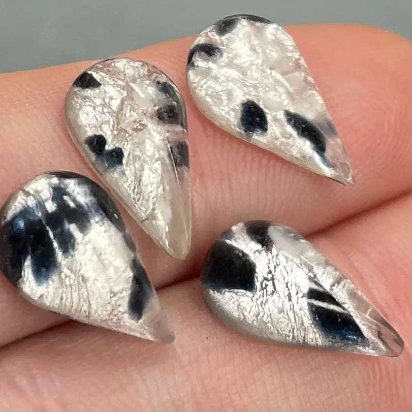4 Vintage Blue Silver Foil Japan Pear Glass Stones - Sea Beads