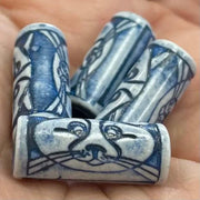 4 Vintage Blue White Cat Porcelain Cylindrical Beads - Sea Beads
