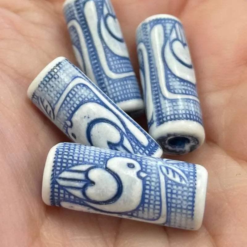4 Vintage Blue White Duck Porcelain Cylindrical Beads - Sea Beads