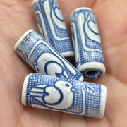 4 Vintage Blue White Duck Porcelain Cylindrical Beads - Sea Beads