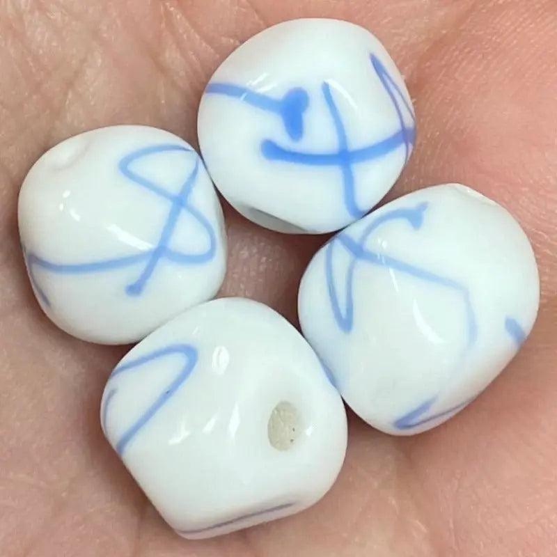 4 Vintage Blue White Japan Ribbon Glass Beads Cherry Brand - Sea Beads