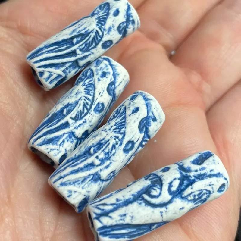 4 Vintage Blue White Mushroom Cylindrical Beads - Sea Beads