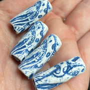 4 Vintage Blue White Mushroom Cylindrical Beads - Sea Beads