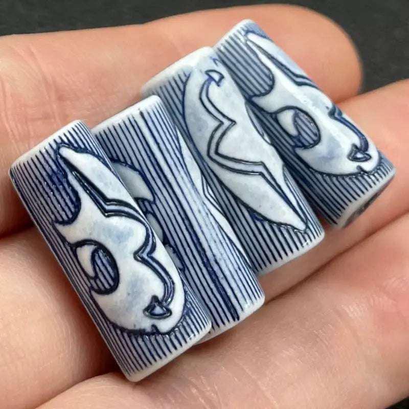 4 Vintage Blue White Zuni Bear Porcelain Cylindrical Beads - Sea Beads