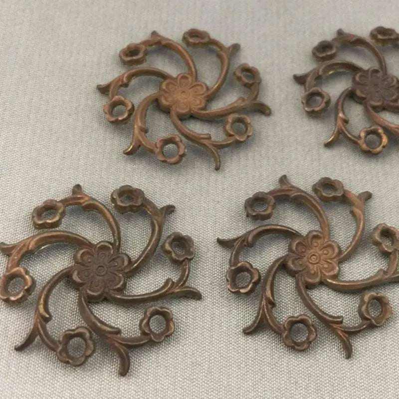 4 Vintage Brass Aged Cast Floral Components - Sea Beads