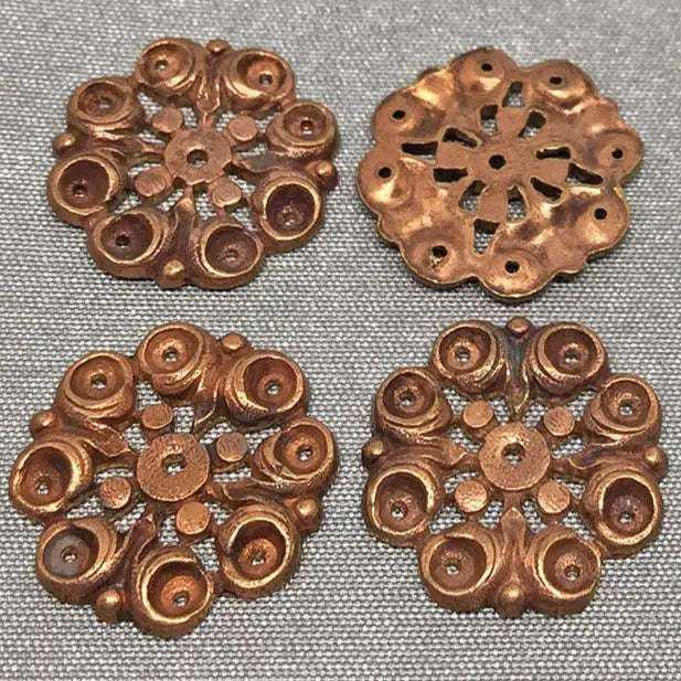 4 Vintage Brass Aged Cast Round Flower Metal Components - Sea Beads