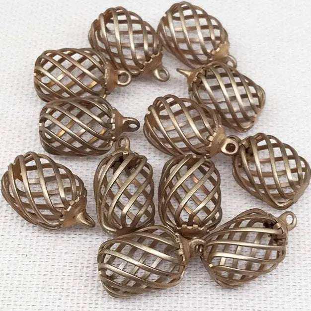 4 Vintage Brass Caged Metal Charms - Sea Beads