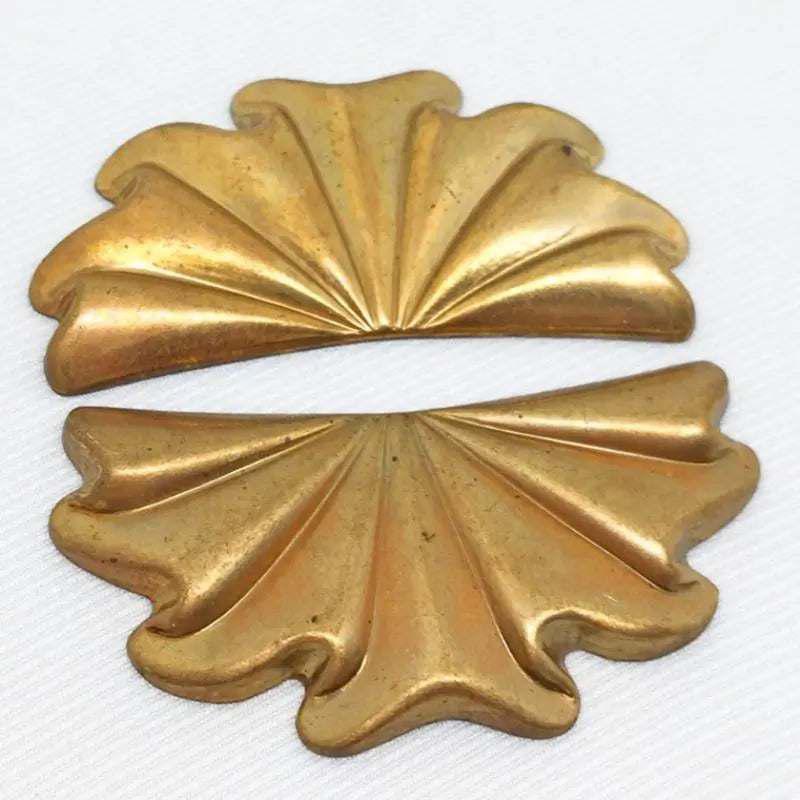 4 Vintage Brass Feather Fan Large Metal Stampings - Sea Beads