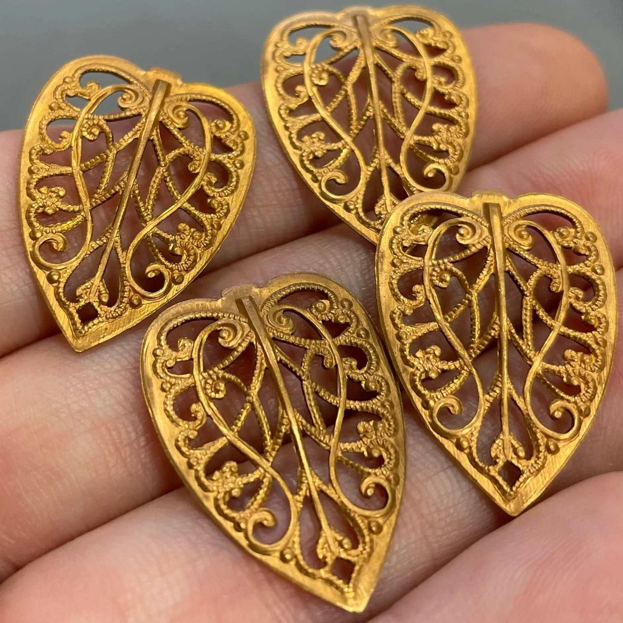 4 Vintage Brass Filigree Heart Metal Stampings - Sea Beads