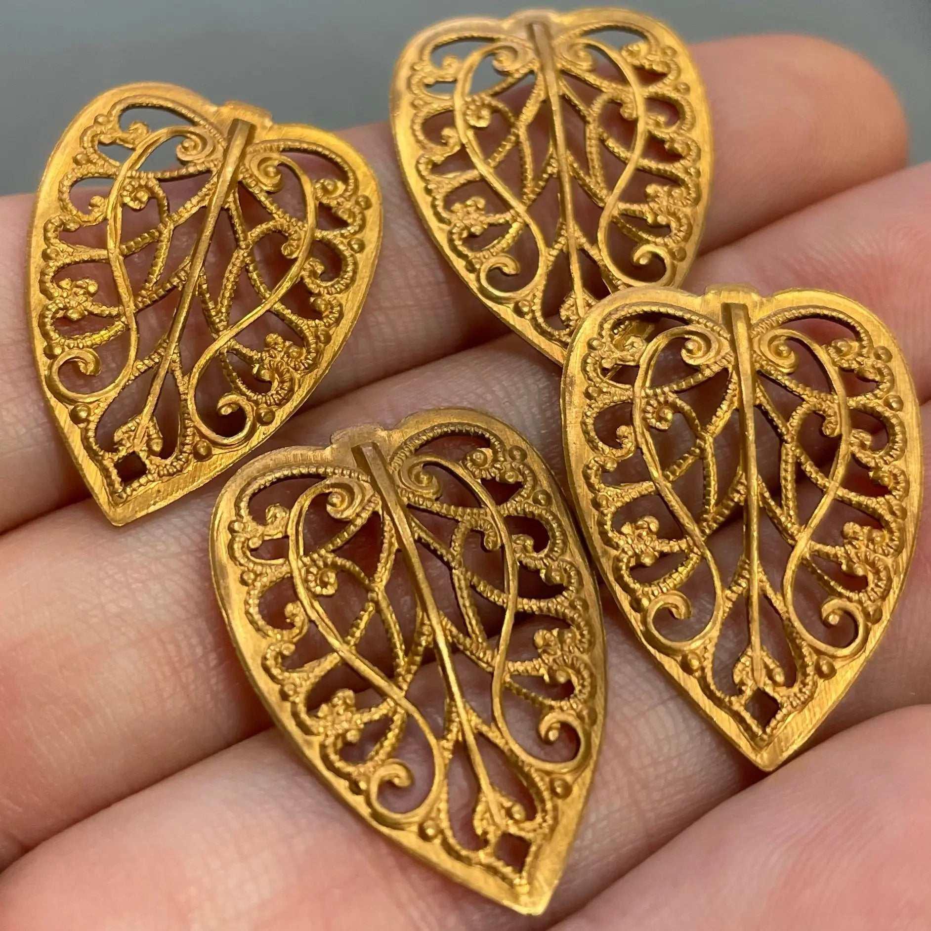 4 Vintage Brass Filigree Heart Metal Stampings - Sea Beads