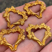 4 Vintage Brass Floral Heart Stampings - Sea Beads