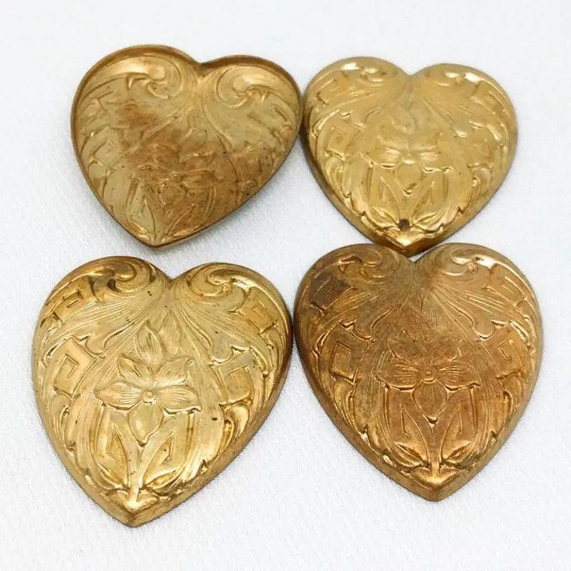 4 Vintage Brass Heart Etched Metal Stampings - Sea Beads