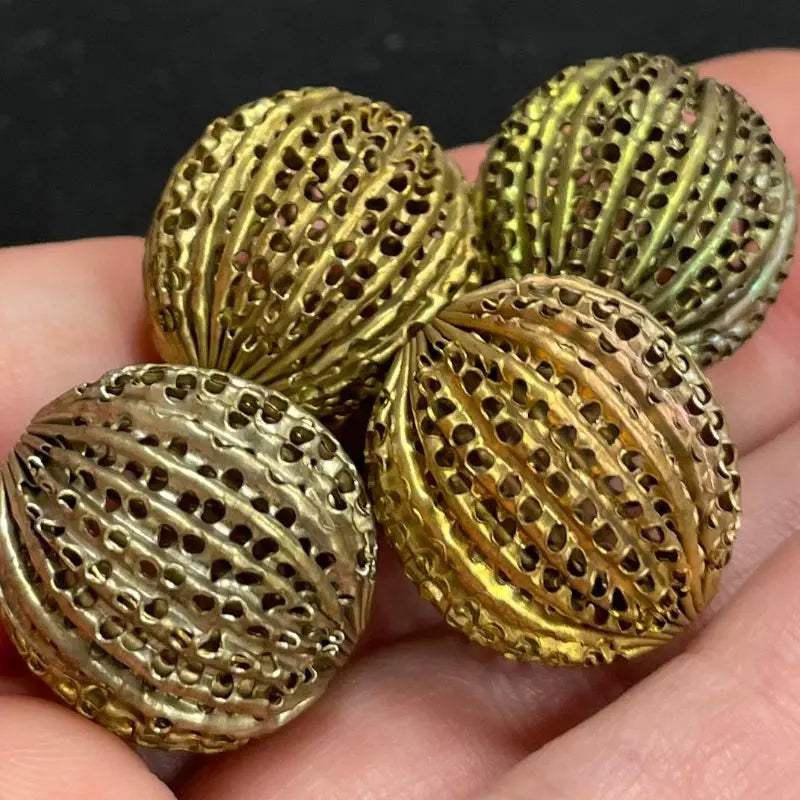 4 Vintage Brass Matte Corrugated Screen Round Metal Beads - Sea Beads