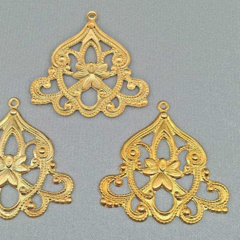 4 Vintage Brass Fancy Metal Pendants - Sea Beads