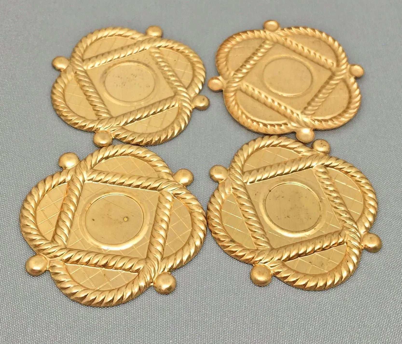 4 Vintage Brass Ornate Metal Stampings - Sea Beads