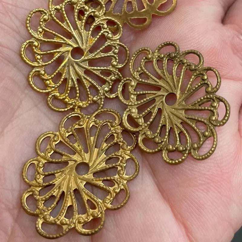 4 Vintage Brass Oval Metal Stampings - Sea Beads