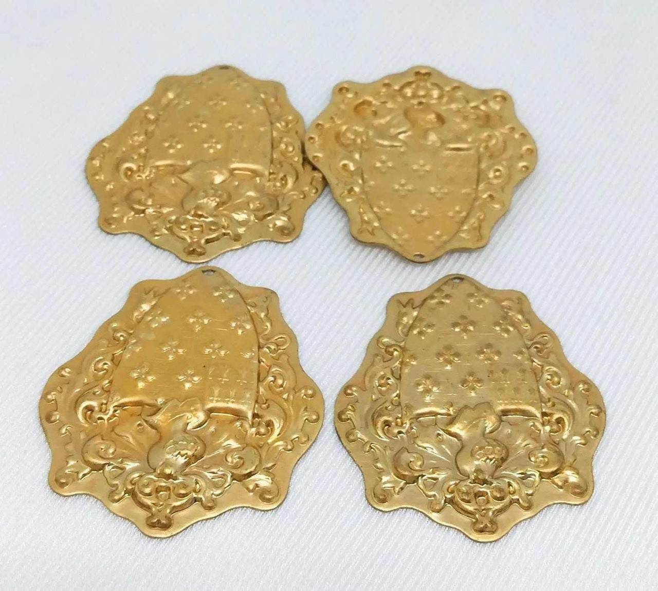 4 Vintage Brass Shield Metal Stamping Pendants - Sea Beads