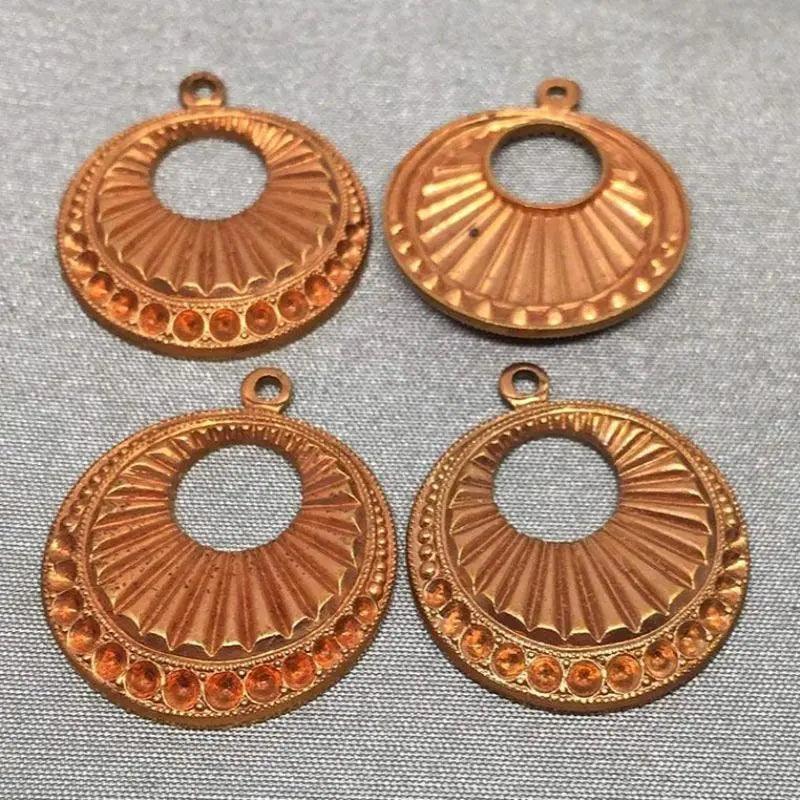 4 Vintage Brass Tombac Stone Setting Round Pendants - Sea Beads