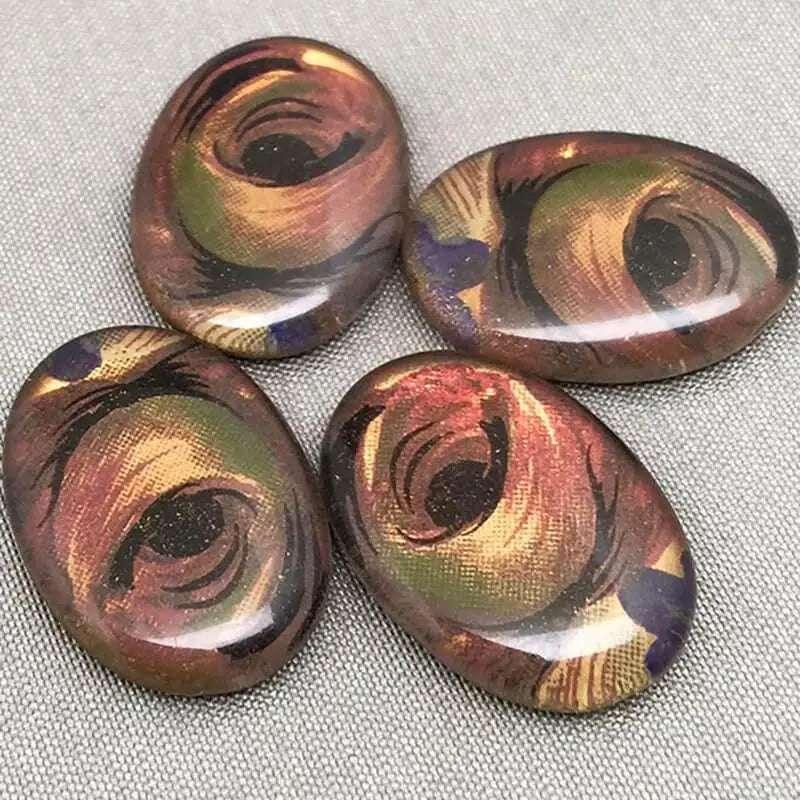 4 Vintage Brown Metallic Floral Oval Glass Cabochons - Sea Beads
