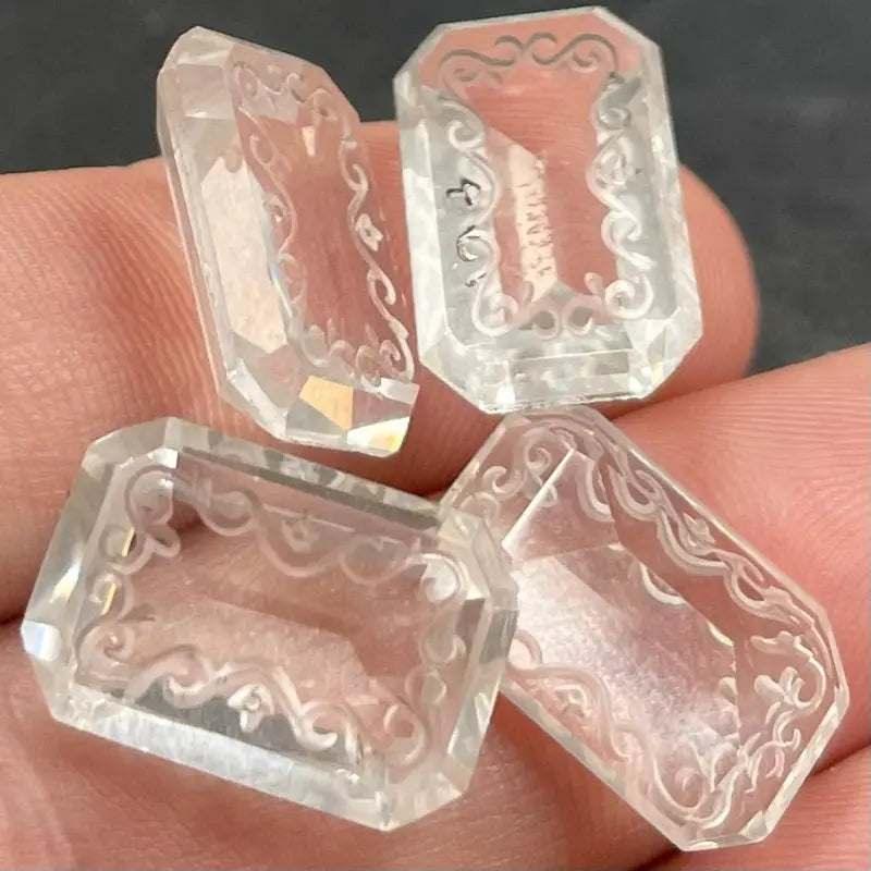 4 Vintage Clear Engraved Octagon Glass Stones - Sea Beads