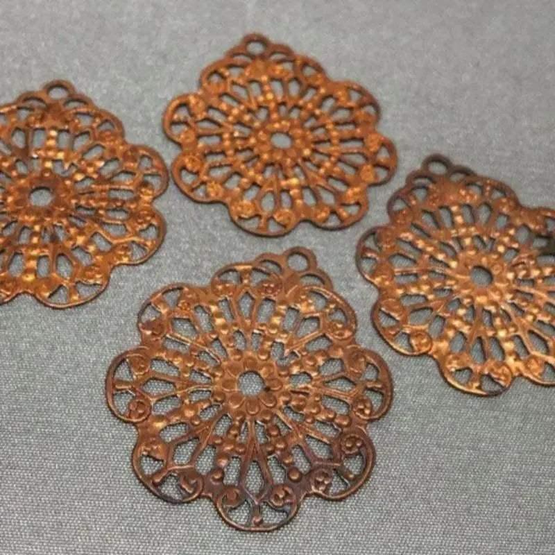 4 Vintage Copper Plated Filigree Pendants - Sea Beads