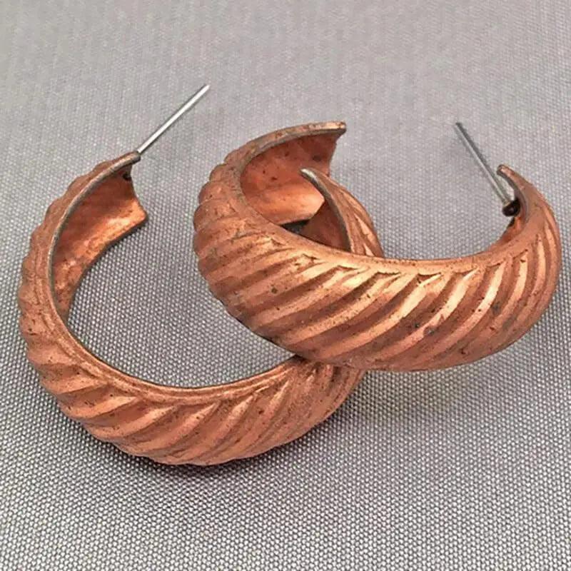 4 Vintage Copper Plated Ribbed Open Loop Stud Earrings - Sea Beads