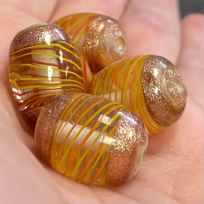 4 Vintage Copper Yellow Orange Striped Oval Glass Beads - Sea Beads