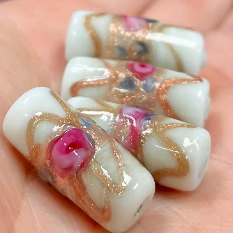 4 Vintage Fancy White Cylindrical Glass Beads - Sea Beads
