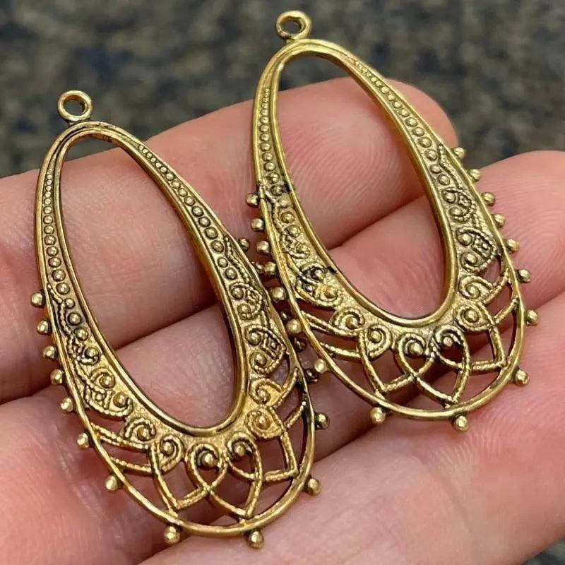 4 Vintage Gold Plated Antique Filigree Oval Chandelier Pendants - Sea Beads