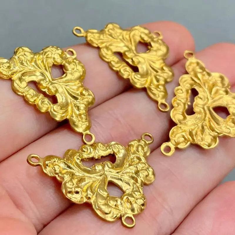 4 Vintage Golden Baroque Connector Metal Pendants - Sea Beads