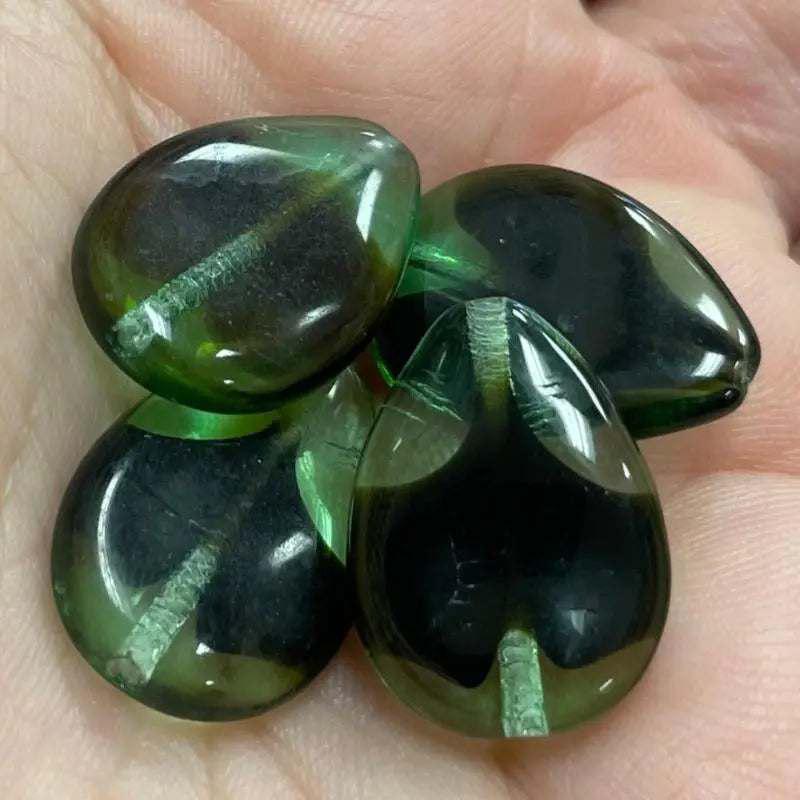 4 Vintage Green Black Flat Teardrop Glass Beads - Sea Beads
