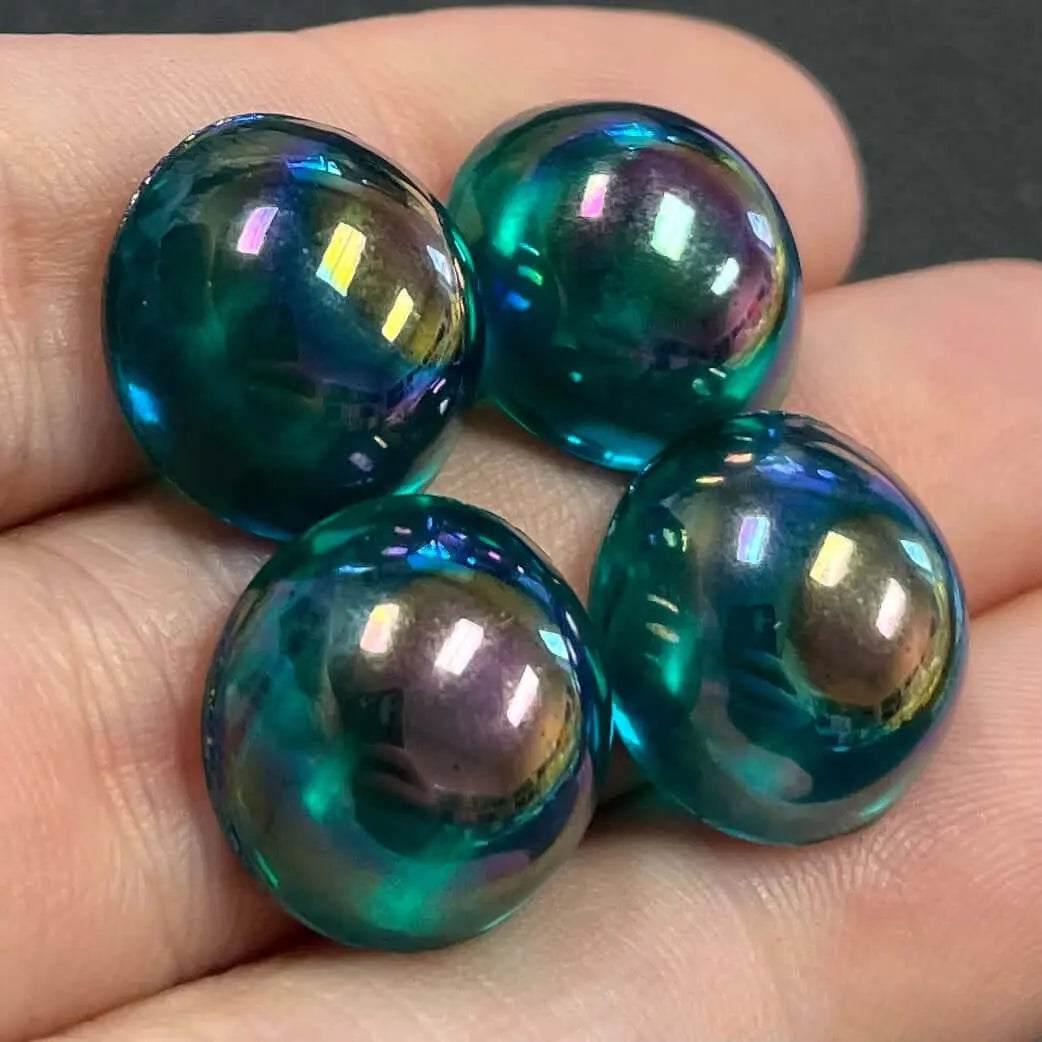 4 Vintage Green Emerald AB Czech Round Glass Cabochons - Sea Beads