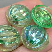 4 Vintage Green German Ribbed Iridescent Round Glass Stones - Sea Beads