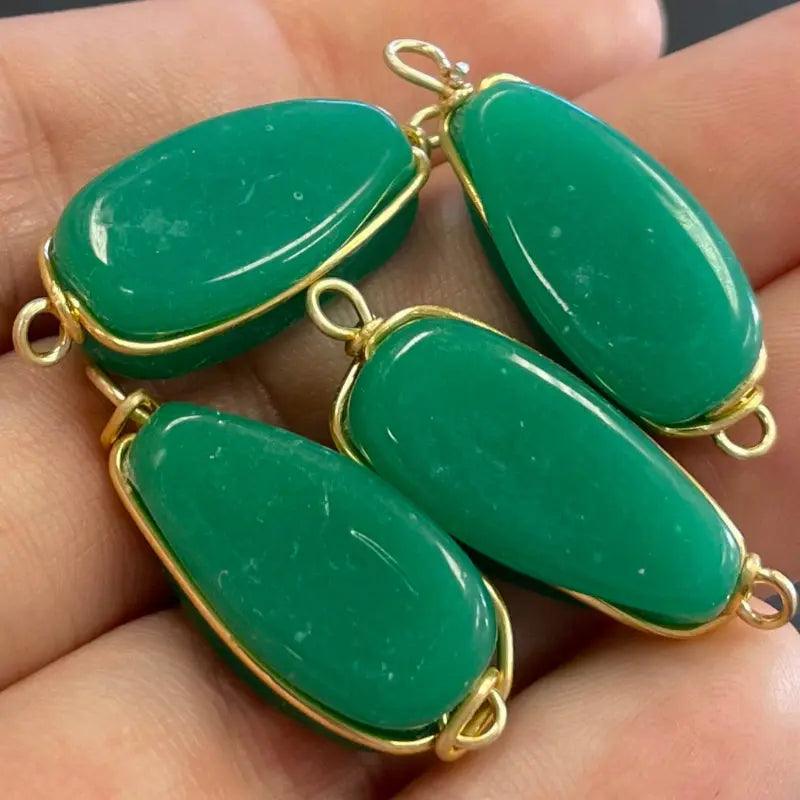 4 Vintage Green Jadeite Japan Wire Wrapped Glass Connectors - Sea Beads