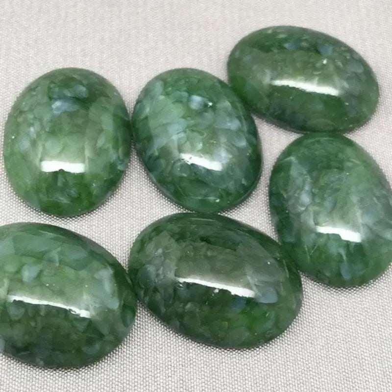 4 Vintage Green Japan Mottled Oval Glass Cabochons - Sea Beads