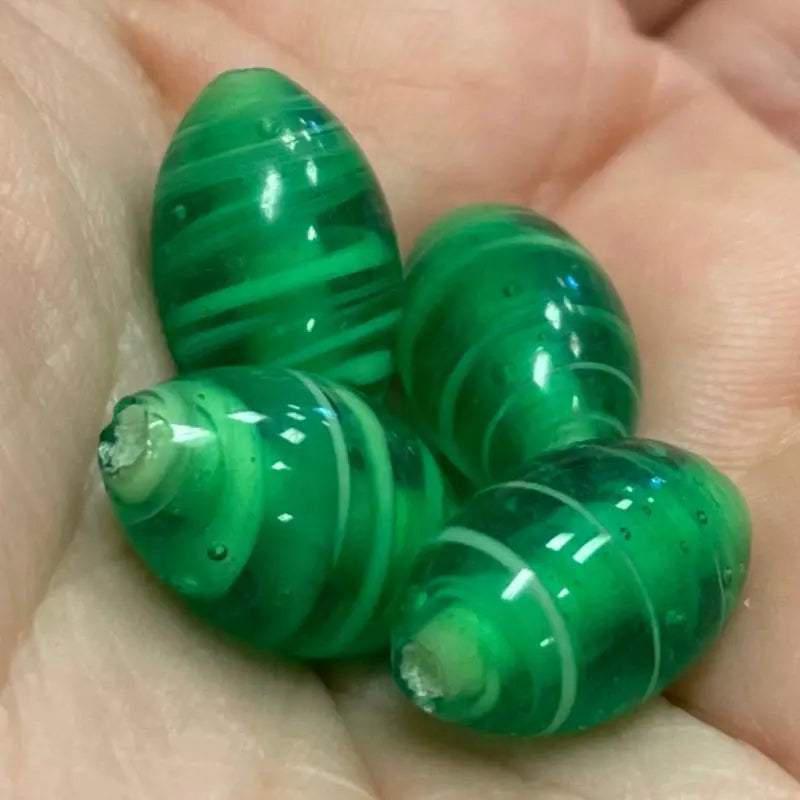 4 Vintage Green Japan Striped Cherry Brand Oval Glass Beads - Sea Beads