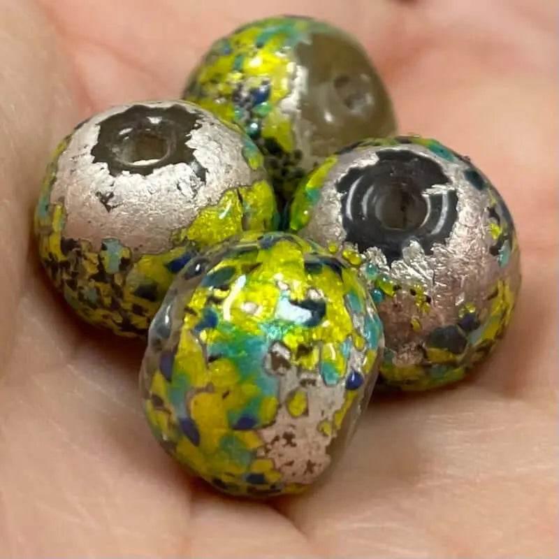 4 Vintage Green Olive Foil Japan Round Glass Beads - Sea Beads