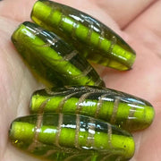 4 Vintage Green Olivine Gold Spiral Oval Glass Beads - Sea Beads